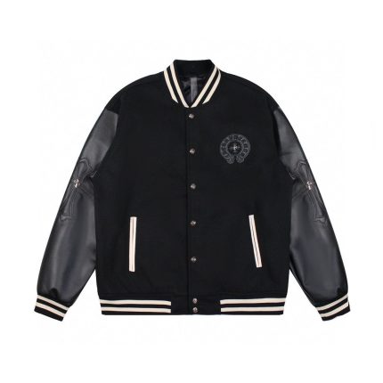 Chrome Hearts Leather Sleeve Patchwork Baseball Jacket
