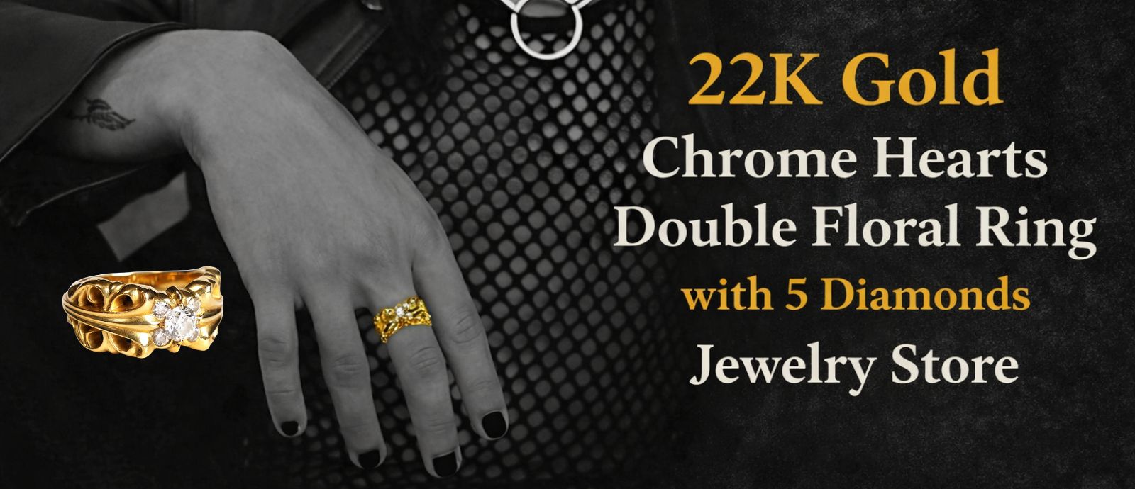 22K Gold Chrome Hearts Double Floral Ring with 5 Diamonds Jewelry Store