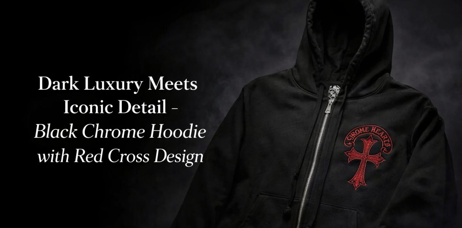 Dark Luxury Meets Iconic Detail – Black Chrome Hoodie with Red Cross Design